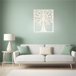 Drevený strom života na stenu so smaragdovo zelenými kamienkami - ukážka na stene.