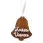 Hnedá drevená ozdoba v tvare zvončeka s bielym výrezom nápisu "Krásne Vianoce" a s bielou stuhou.
