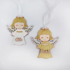 Drevené personalizované ozdoby biely a zlatý anjel. Drevené personalizované ozdoby biely a zlatý anjel.