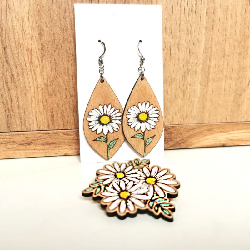 Margarétkový set drevené náušnice a brošňa