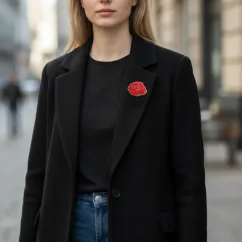 Drevená brošňa kvet Vlčí mak na čiernom saku.