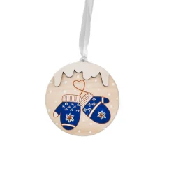 Drevená ozdoba na stromček so zimnými rukavicami v modrej farbe, s bielou stuhou. Drevená ozdoba na stromček so zimnými rukavicami v modrej farbe, s bielou stuhou.