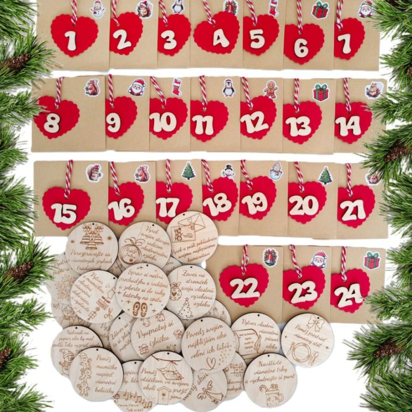Adventný kalendár s aktivitami - kartičky s gravírovanými úlohami a súvisiacim obrázkom, kraftové vyzdobené obálky s číslami od 1 do 24.