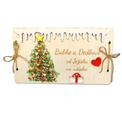 Drevená obálka na peniaze s vlastným gravírovaným venovaním a ručne maľovanými vianočným stromčekom, darčekom a srdiečkom - zabezpečené jutovou šnúrkou na oboch bokoch.