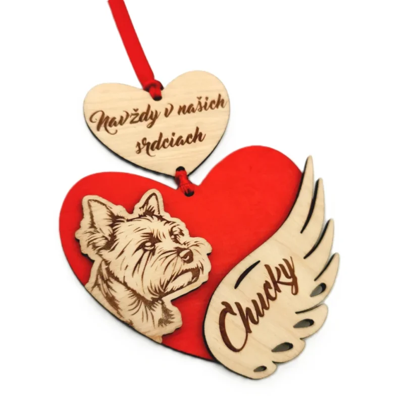Drevená ozdoba s fotkou, menom domáceho miláčika a textom Navždy v našich srdciach.