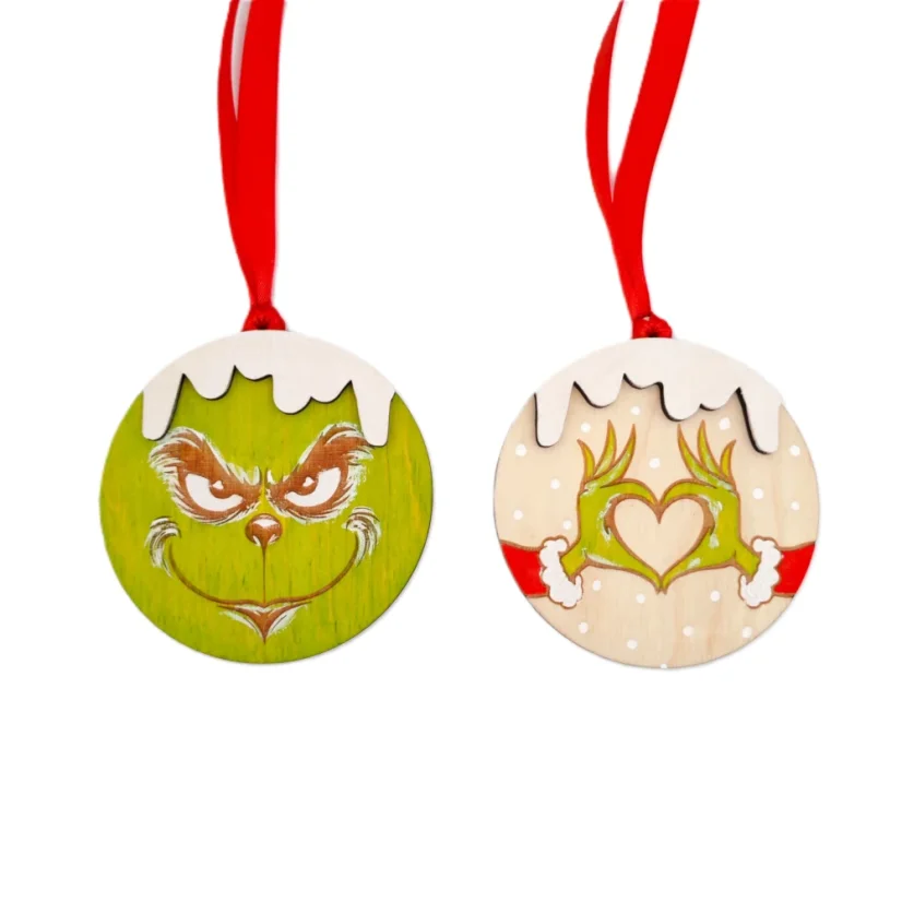 Vianočná guľatá ozdoba Grinch - set ozdôb tvár a ruky Grincha.
