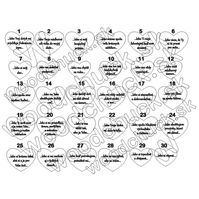 Náhľad na 30 srdiečok s konkrétnymi dôvodmi.