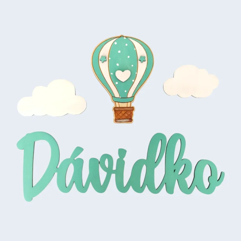 Detská maľovaná menovka, obláčiky a vzdušný balón - mentolová.