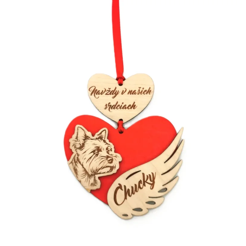 Drevená ozdoba s fotkou, menom domáceho miláčika a textom Navždy v našich srdciach.