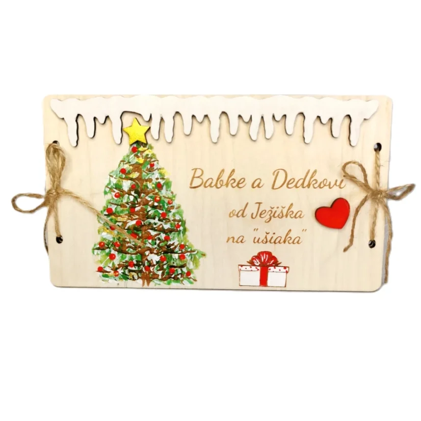 Drevená obálka na peniaze s vlastným gravírovaným venovaním a ručne maľovanými vianočným stromčekom, darčekom a srdiečkom - zabezpečené jutovou šnúrkou na oboch bokoch.