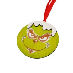 Vianočná guľatá ozdoba Grinch - jeho tvár zblízka.