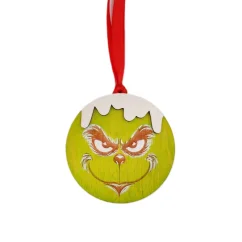 Vianočná guľatá ozdoba Grinch - jeho tvár zblízka.