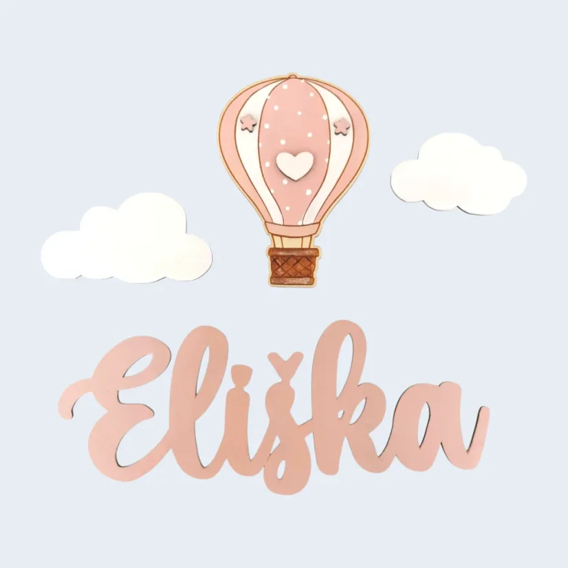 Detská maľovaná menovka, obláčiky a vzdušný balón - ružová.