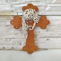 Drevený krížik na stenu s hlavou Ježiša v medenej farbe.