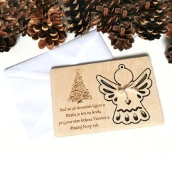 Vianočná pohľadnica s vlastným gravírovaným textom a venovaním, s vyberateľnou ozdobou anjela a s bielou obálkou.