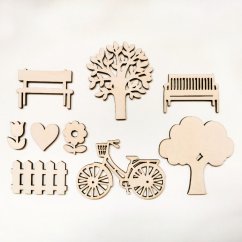 Drevené výrezy - lavičky, stromy, kvety, bicykel, plot, srdiečko Drevené výrezy - lavičky, stromy, kvety, bicykel, plot, srdiečko