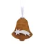 Hnedá drevená ozdoba v tvare zvončeka s bielym výrezom padajúcej hviezdy a s bielou stuhou.