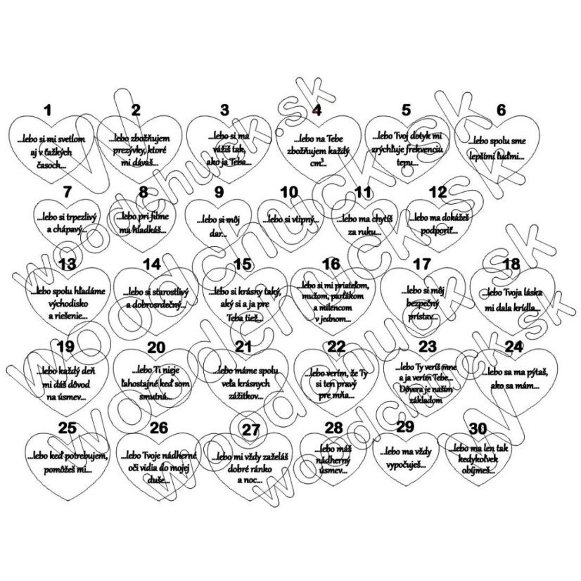 Náhľad na 30 srdiečok s konkrétnymi dôvodmi.