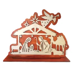 Drevený Betlehem kominácia prírodnej farby dreva a gaštanovej lazúry ako pozadie + podstava.