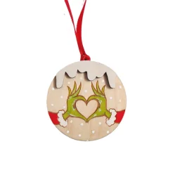 Vianočná guľatá ozdoba Grinch - jeho ruky zložené do tvaru srdca.