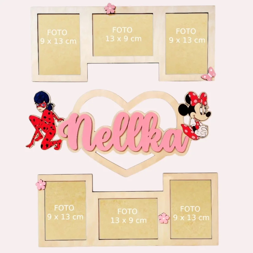 Drevená nástenná dekorácia na fotky s menom a dvoma ľubovoľnými obrázkami hrdinov.
