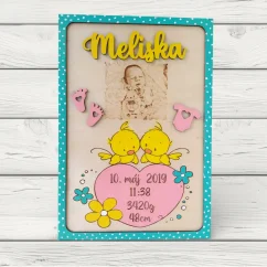 Drevená maľovaná tabuľka s fotkou, údajmi o bábätku, farebnými vtáčikmi a kvietkami.