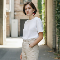 Červené visiace náušnice v tvare srdca s bodkami - ukážka na modelke.