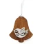 Hnedá drevená ozdoba v tvare zvončeka s bielym výrezom vtáčika a s bielou stuhou.